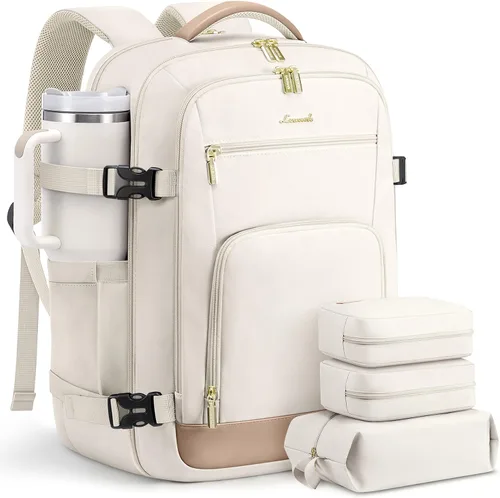 Vista 46 de LOVEVOOK Mochila de viaje para mujer y hombre, Beige, Mochilas de viaje