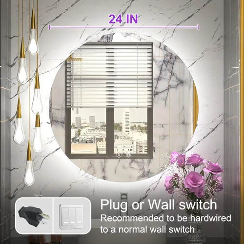 Vista 5 de Espejo LED para baño de 24 pulgadas, 3 temperaturas de color (3000K/4500K/6000K), retroiluminación regulable, antivaho, vidrio HD de 5MM, CRI 90+