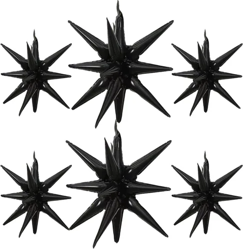 Vista 10 de 6 Globos de Papel de Aluminio con Forma de Estrella Negra de Una Pieza, Globo de Estrella de 14 Puntas 4D Cono Starburst de Mylar de 22 Pulgadas 22