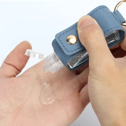 Vista 5 de Unaone Llavero desinfectante de manos de 1 onza/1.0 fl oz, tamaño de viaje, botella pequeña de cuero para artículos de tocador, loción, champú Azul