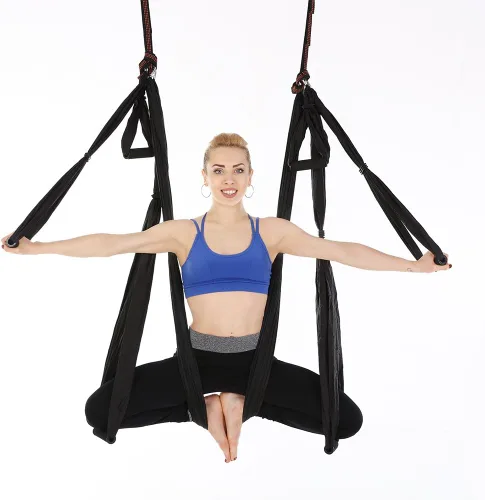 Vista 4 de Juego de hamaca aérea de yoga con 2 correas de extensiones y kit de montaje en techo, equipo para colgar inversión de yoga