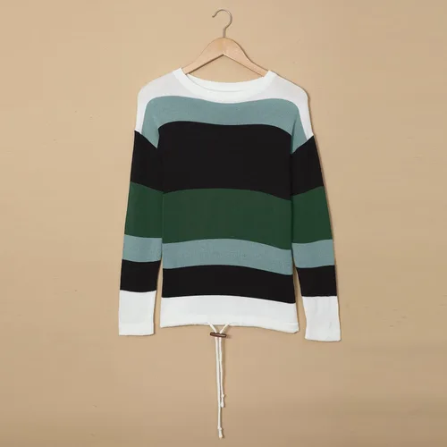 Vista 2 de HUANKD Suéteres de gran tamaño para mujer, a rayas de moda, con bloqueo de color, talla media larga, holgado, cuello redondo, suéter con parte