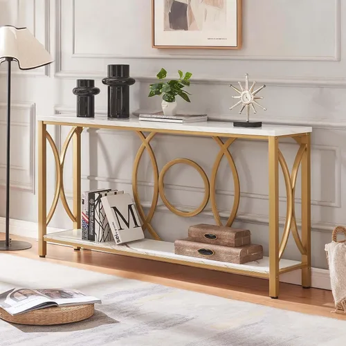Vista 3 de HOMISSUE Mesa consola de sofá, moderna mesa consola dorada con mesa de mármol sintético, mesas de entrada de madera de ingeniería con almacenamiento