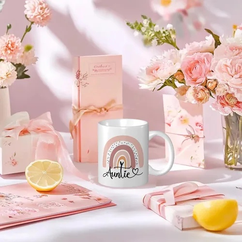 Vista 3 de Divertida taza de café para tía, regalo de cumpleaños/Navidad de sobrino/sobrino, taza de cerámica de arte arcoíris para tía, regalo lindo y único