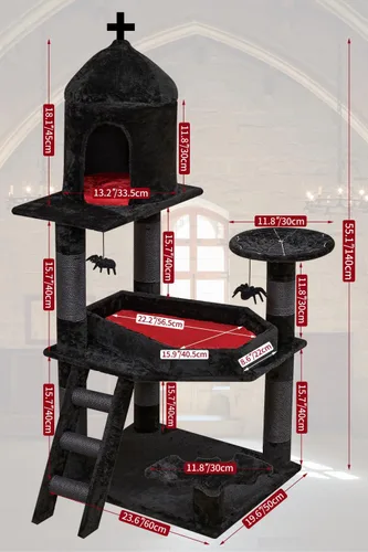 Vista 5 de YARUOMY - Árbol gótico para gatos con cama de ataúd, torre para gatos de 55" con amplio condominio para gatos, postes para rascar, bola colgante