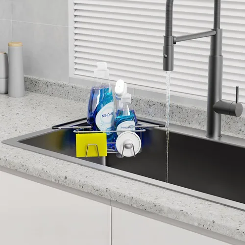 Vista 7 de NiHome Soporte de esponja ajustable de acero inoxidable con brazo extensible, fácil de instalar, ahorra espacio, soporte de esponja ajustable