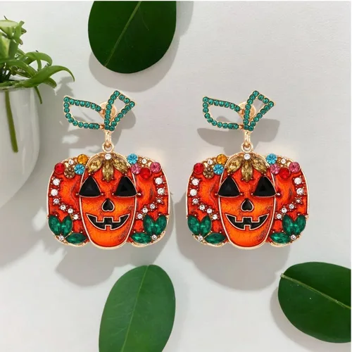 Vista 3 de Aretes de calabaza de Halloween para mujer, aretes colgantes de calabaza de cristal rojo, gato negro, calabaza roja, aretes de calabaza de Acción