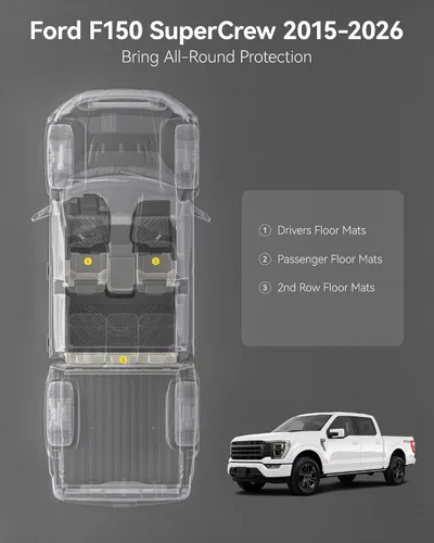 Vista 3 de 3W Alfombrillas para Ford F-150 2015-2025 y F150 Lightning SuperCrew 2022-2025 (sin almacenamiento plano plegable), TPE para todo tipo de clima