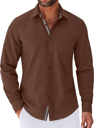 Vista 26 de COOFANDY Camisa para hombre de manga larga casual con botones, camisas sin doblar para hombre de ajuste regular