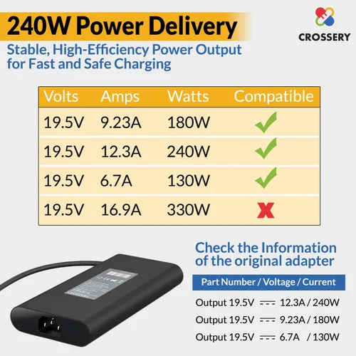 Vista 5 de Nuevo cargador delgado de 240 W para laptop Dell - Cargador de laptop Dell de 240 vatios apto para G3 G5 G7 G15 y Alienware M15 M17 M17x x51