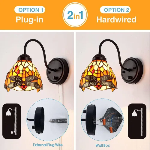 Vista 4 de Tiffany - Lámpara de pared para mesita de noche con interruptor regulable, aplique de pared de cuello de cisne vintage industrial con cable