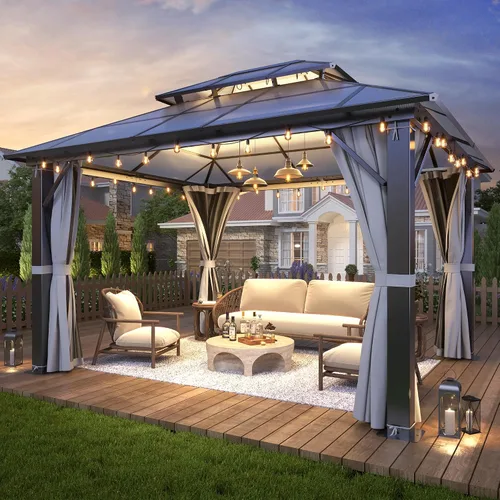 Vista 22 de GARTOO Gazebo de techo rígido para exteriores de 8 x 8 pies con techo doble Negro