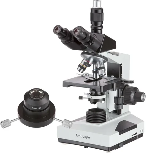 Vista 5 de AmScope T490B Microscopio trinocular compuesto, ampliación de 40X-2000X, luz halógena, condensador Abbe, mesa mecánica de 2 capas, óptica de alta