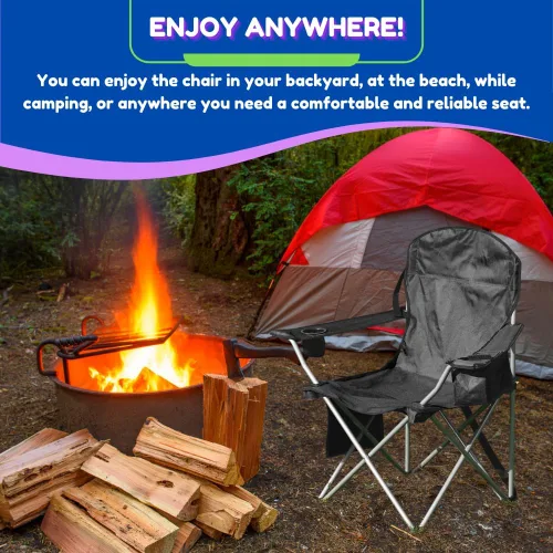Vista 7 de EZONE Paquete de 2 sillas de campamento con enfriador de hielo integrado, silla portátil, bolsillo de almacenamiento, portavasos y bolsa