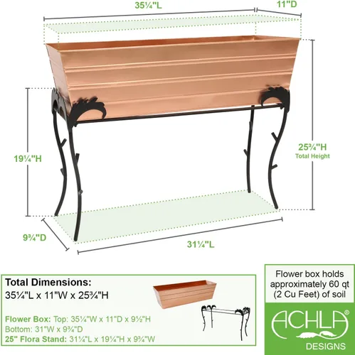 Vista 2 de Achla Designs Caja de flores grande de cobre con soporte de flora, 25 pulgadas de alto