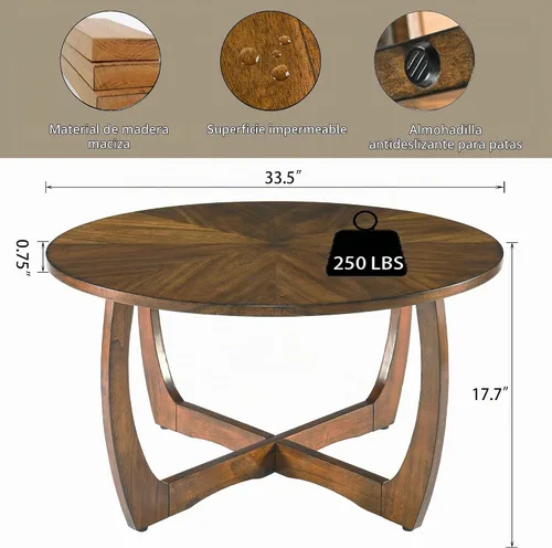 Vista 2 de Mesa auxiliar redonda para sala de estar, mesas de cóctel de madera maciza con parte superior empalmada, mesa central tradicional de madera