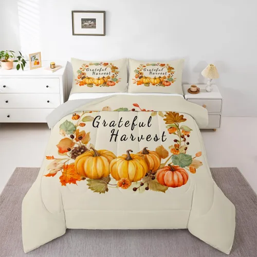 Vista 32 de Erosebridal Juego de edredón individual de pavo de Acción de Gracias, juego de ropa de cama de calabaza con hojas de otoño para niños y adultos