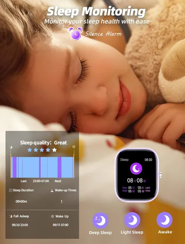 Vista 5 de Reloj inteligente para niñas, resistente al agua IP67, reloj rastreador de actividad física con cara de 1.5 pulgadas, monitor de sueño de frecuencia
