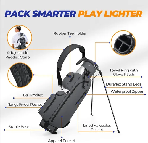 Vista 3 de Bolsa de golf con soporte, ligera, Par 3, con divisores de 3 vías, Oxford 900D resistente a la intemperie, 1.7kg, compacta pero espaciosa