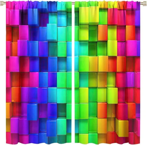 Vista 13 de Cortinas opacas abstractas de arco iris, pintura de color arcoíris con gotas, diseño gráfico creativo con bolsillo para barra, para sala de estar