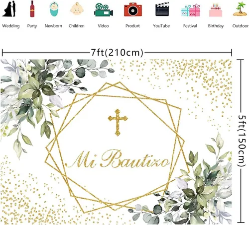 Vista 5 de Mi Bautizo - Telón de fondo para primera comunión para bautismo, recién nacido, baby shower, fondo dorado con purpurina, vegetación, eucalipto