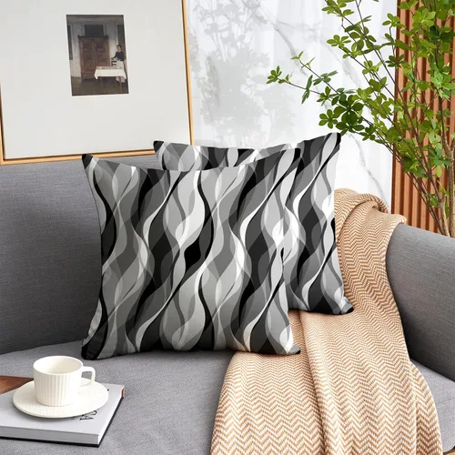 Vista 2 de Juego de 2 fundas de almohada gris y negro en blanco para sofá de sala de estar, fundas de cojín de líneas geométricas modernas para decoración