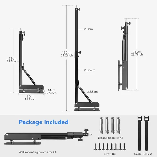 Vista 7 de Anillo de luz de pared con base triangular, 51 pulgadas/51.2 in de longitud, soporte ajustable de rotación flexible de 180°, brazo de brazo