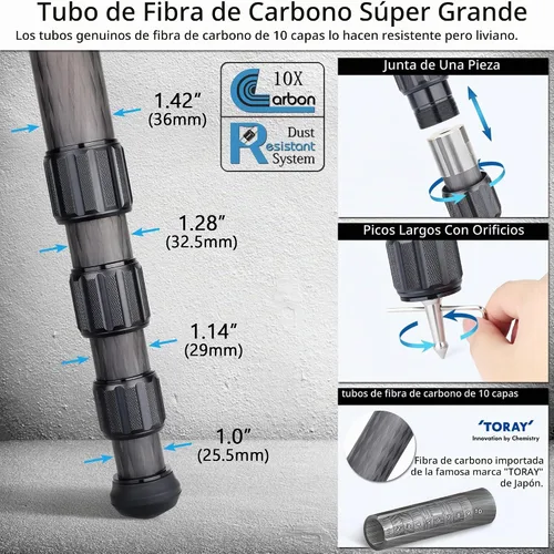 Vista 3 de ARTCISE Trípode de fibra de carbono AS88C con cuenco de 2.953 in y adaptador, trípode para cámara resistente, 10 capas, tubo de pierna de 1.417 in