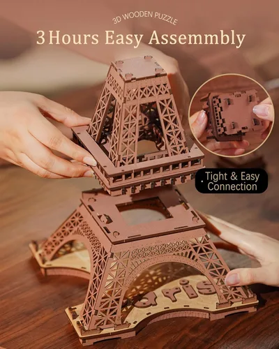 Vista 5 de Rolife Rompecabezas de madera 3D para adultos, Set grande de Torre Eiffel-Juegos de construcción de modelo LED, kits de arquitectura de París como