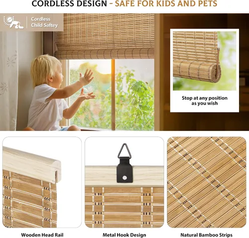 Vista 2 de LazBlinds Persianas de Bambú sin Cordón, Cortinas Enrollables para Ventanas, Persianas Colgantes con Filtro de Luz para Ventanas, Cortinas de Bambú