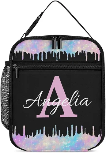 Vista 20 de Bolsa de almuerzo con nombre personalizado para hombres y mujeres, con monograma de purpurina azul, hielera, portátil, con nombre, para niñas