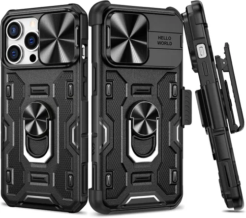 Vista 13 de VEGO Funda para iPhone 13 Pro Max/iPhone 12 Pro Max con soporte, cubierta deslizante para cámara y funda con clip para cinturón, funda protectora