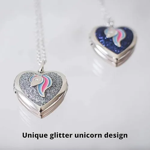 Vista 6 de Collar con medallón de corazón de unicornio Colgante de animal con purpurina brillante Almacenamiento interior secreto Cadena de tono plateado