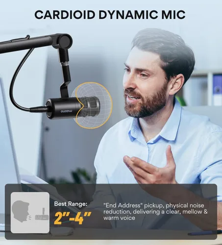 Vista 4 de MAONO Micrófono de podcast XLR, micrófono dinámico de estudio cardioide para grabación vocal, transmisión, voz en off, tecnología de aislamiento