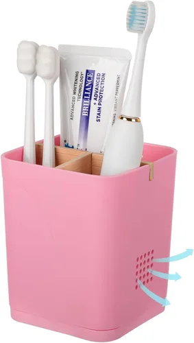 Vista 13 de Soportes para cepillo de dientes con drenaje para baños, soporte para cepillo de dientes de 4 ranuras con divisores de bambú, organizador de cepillo