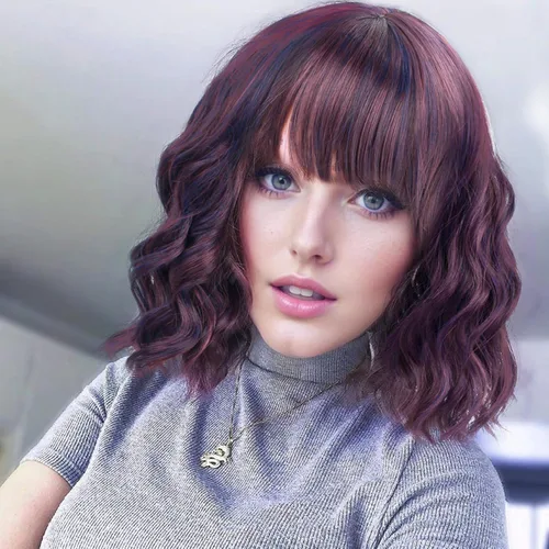 Vista 10 de VCKOVCKO - Peluca de cabello castaño claro rizada con flequillo de aire, onda natural rizada, peluca corta estilo Bob para mujer, longitud hasta