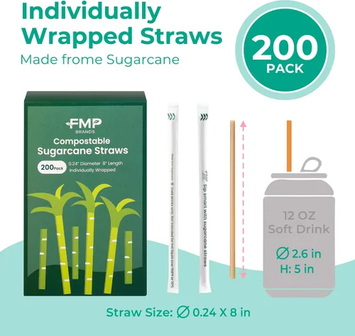 Vista 3 de Fit Meal Prep Paquete de 200 pajitas desechables biodegradables de 8 pulgadas envueltas individualmente, 100% compostables a base de plantas