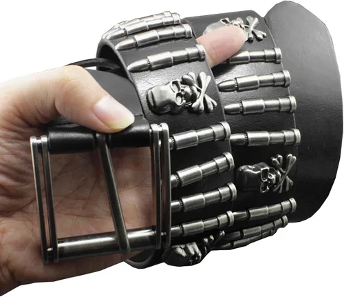 Vista 3 de Cool Mens Bullet Skull Stud Punk Rock Biker cinturón de cuero real cintura726146236614