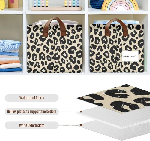 Vista 6 de Leopard Pattern Cream Black Storage Baskets Storage Cubes Organizer with Handles Books Towels and Clothes for Shelves Closet Books cajas
