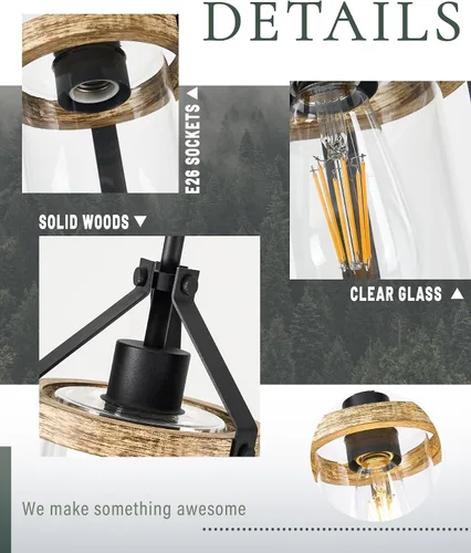 Vista 6 de Lámparas colgantes de granja, iluminación colgante de madera y vidrio para isla de cocina, luces colgantes rústicas MD89418-B