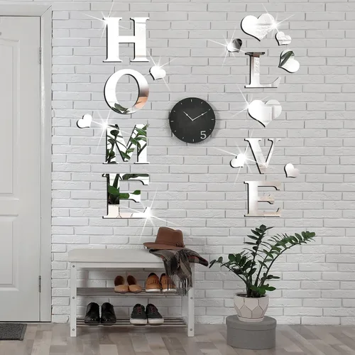 Vista 7 de Letras 3D para el hogar, decoración de pared, espejo acrílico, calcomanías de pared para sala de estar, letras de amor y corazones