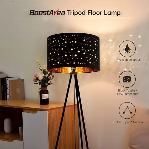Vista 2 de Lámpara de pie, lámpara de pie con trípode, bombilla LED de 8W, pantalla decorativa, lámpara de pie estilo de mediados de siglo para sala de estar