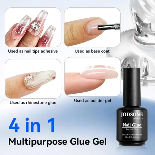 Vista 4 de JODSONE Gel de pegamento de uñas 4 en 1 de 0.5 onzas líquidas para puntas de uñas, pegamento de extensión de larga duración para puntas de uñas
