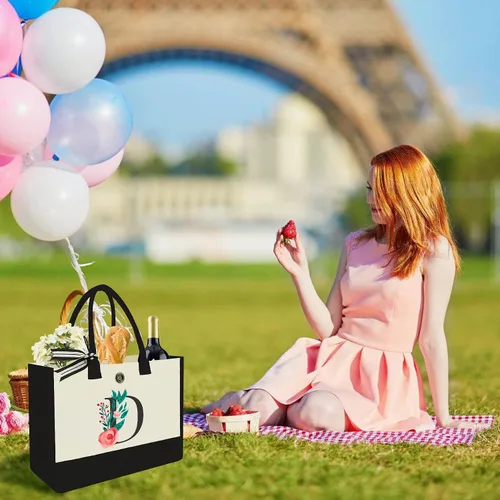 Vista 5 de Bolsa de lona con inicial, regalos de cumpleaños personalizados para mujeres, madres, amigas y profesoras, bolsas de mano con monograma adecuadas