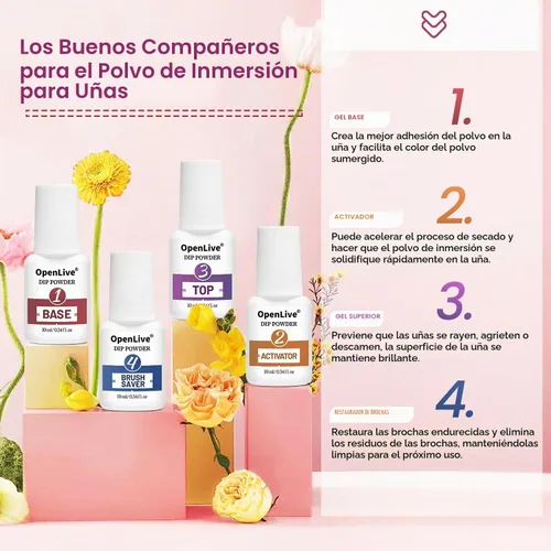 Vista 6 de Openlive Kit de iniciación de polvo para uñas de inmersión de 32 colores, 36 botellas azul, cheese, amarillo con capa base, capa superior