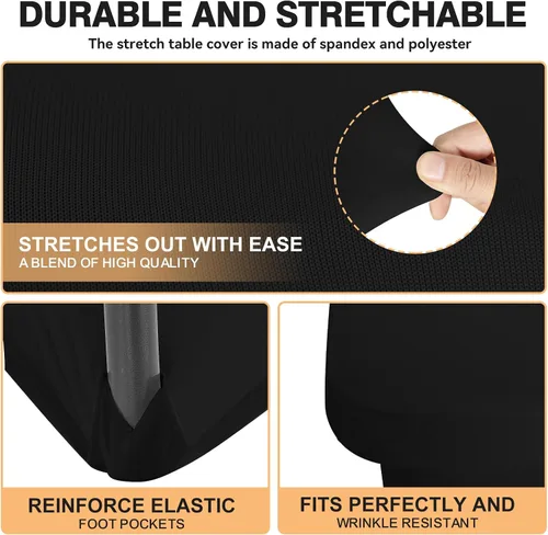 Vista 2 de Paquete de 2 manteles de elastano negro de 4 pies para mesas rectangulares, ajustado y elástico, lavable, resistente a las arrugas, perfecto