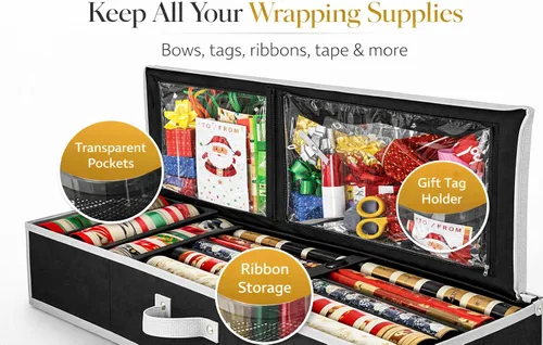 Vista 8 de Organizador de almacenamiento de papel de regalo, contenedor organizador de cinta y envoltura de regalo para debajo de la cama