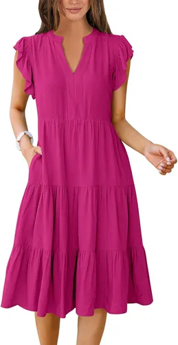 Vista 19 de ANRABESS Vestido de verano para mujer, manga con volantes, cuello en V, vestido midi a la moda, casual, holgado, escalonado, bohemio, playa