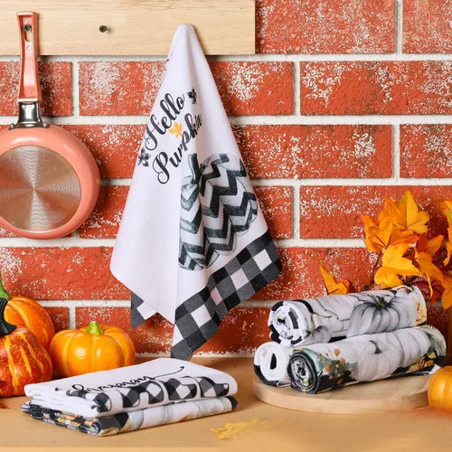 Vista 6 de Mixweer - 6 toallas de cocina de otoño de 16 x 24 pulgadas, toalla de mano de calabaza en blanco y negro de 16 x 24 pulgadas, paño absorbente