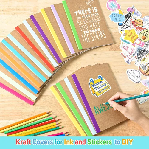 Vista 3 de Cuadernos de composición para la escuela, paquete de 36 diarios con 36 calcomanías motivacionales, 60 páginas con rayas universitarias